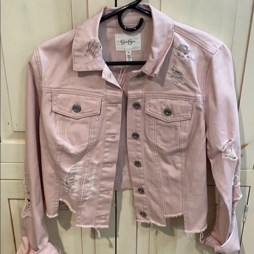 Pink Ripped Cropped Hem Jean Jacket